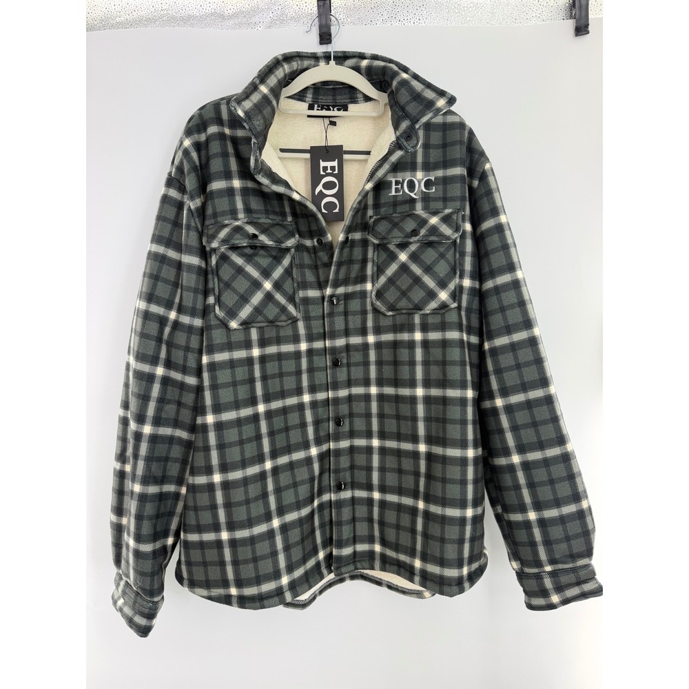 EQC Mens Sherpa Lined Plaid Flannel Shacket Green Cream Heavy Shirt Jacket XL NW